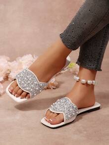 Plus Size Women's Fashion Flat Sandals, Open Toe Slip-On Slippers, Comfortable Casual Slides, Rhinestone Decor, Suitable For Summer - Beige - View 7