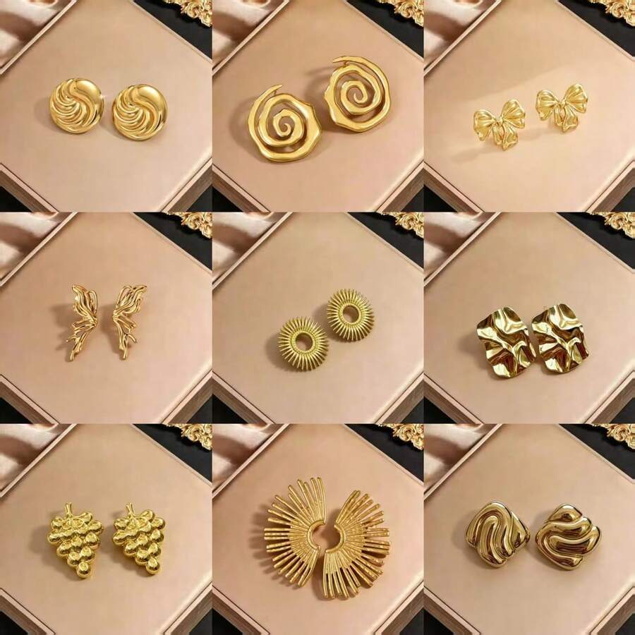 简约金色花朵耳钉,优雅五瓣花朵耳环,低过敏性镀金首饰,适合工作和日常佩戴 - 金色 - 查看 1