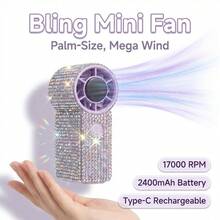 TAZTIR Bling Rhinestone Mini Handheld Fan, 17000 RPM Powerful Portable Fan With 2400mAh Rechargeable Battery, USB-C Quiet Personal Fan For Office Travel Commute Camping, Cute Gift For Her - 鑲鑽款 - 查看 1