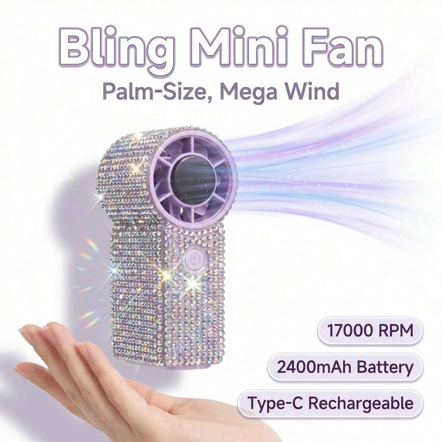 TAZTIR Bling Rhinestone Mini Handheld Fan, 17000 RPM Powerful Portable Fan With 2400mAh Rechargeable Battery, USB-C Quiet Personal Fan For Office Travel Commute Camping, Cute Gift For Her - 鑲鑽款 - 查看 1