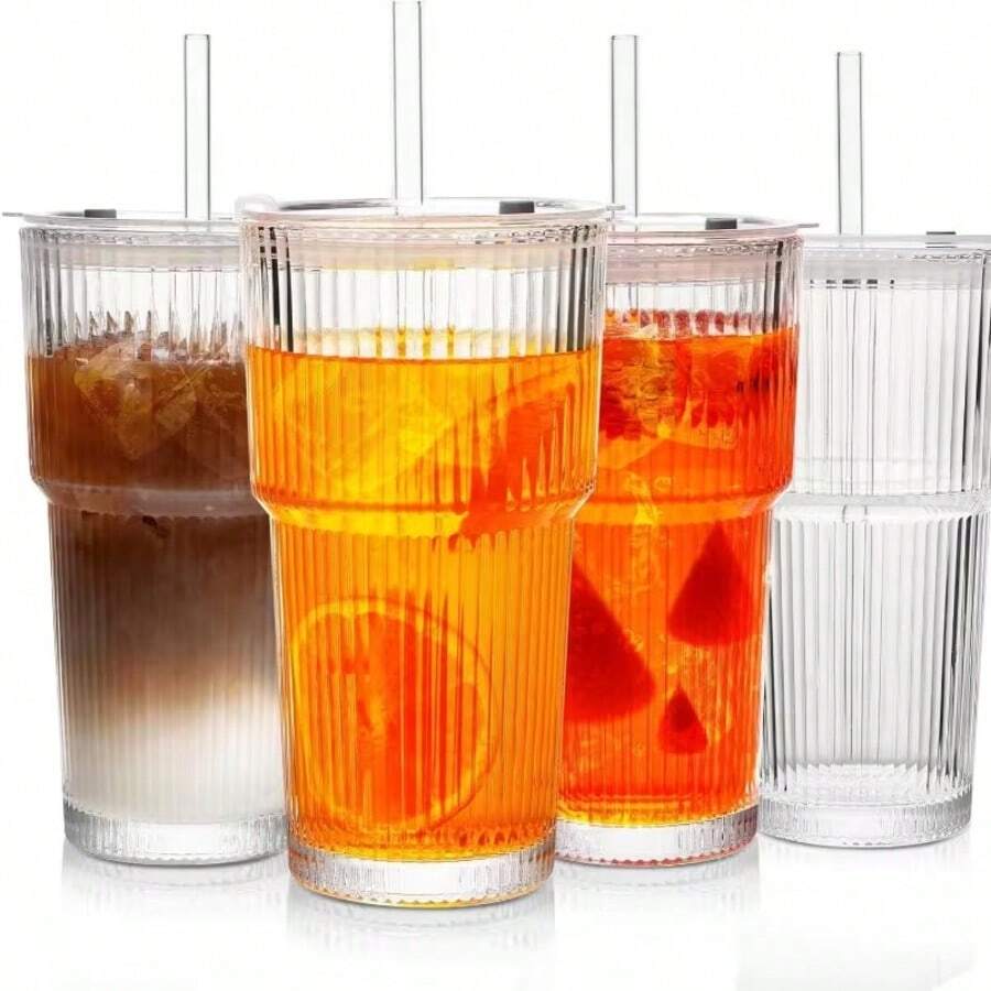 一套条纹玻璃杯，带吸管和盖子，便携简约风格水瓶，竖条纹玻璃杯，可重复使用的高品质咖啡和果汁杯，多功能饮料容器，适合居家、办公室、海滩、各种聚会，适用于咖啡、茶、牛奶、冰美式和拿铁。 - 無色 - 查看 1