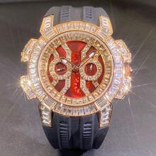 New Men's Special Red Dial Quartz Watch, Luxury Hip Hop Streetwear, Multi-Function Rubber Strap Watch With Synthetic Diamonds, Unisex Wristwatch - Black - View 8
