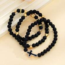 Set de 3 piezas: Pulsera hecha a mano con cuentas y cruz de rhinestone, accesorios vintage mate negros para hombres - Negro - Ver 3