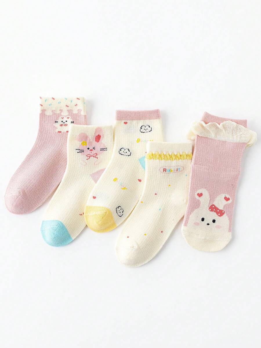 5 Pairs Summer Kids Mesh Socks, Pink Cartoon Animal Pattern Girls Mid-Calf Socks - Multicolor - View 1