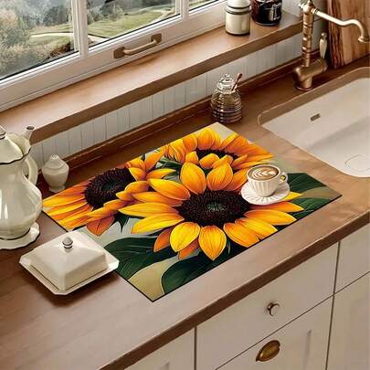 1pc Sunflower Pattern Printed Kitchen Counter Dish Drying Mat, Super Absorbent Hides Stains, Rubber Backed Multi-Purpose Dish Drying Pad, Suitable For Coffee Maker, Dish Rack, Kitchen Counter, Coffee Pot