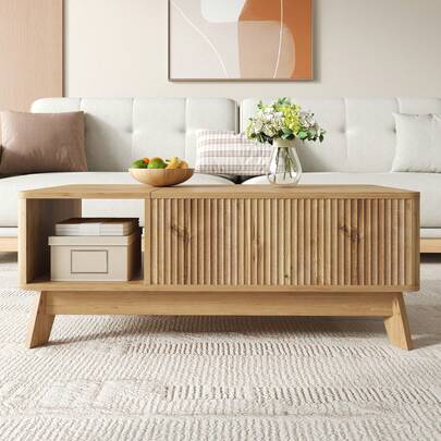 Couchtisch Mit Hubfunktion, Wellenoptik, Offenes Seitenfach, MDF Material, Modern Style