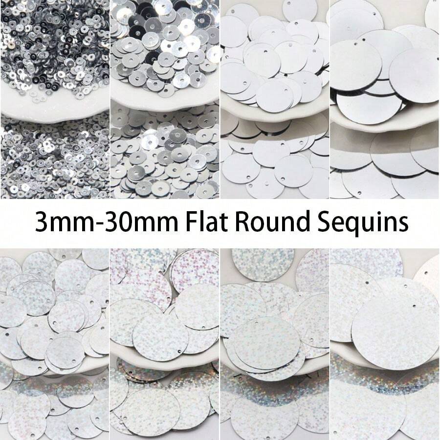 Payet Bulat Pipih 3mm-30mm, Payet Besar Longgar Warna Champagne Silver 1cm-3cm, 20g untuk Kerajinan Tangan DIY Menjahit Aplikasi Merajut Pembuatan Perhiasan Bordir - Payet pipih bulat - View 1