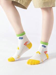 5双夏季清爽儿童袜，简约条纹卡通熊图案男童网眼薄款中筒袜 - 彩色 - 查看 11