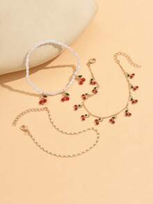 3pcs/Set Summer Vacation Style Sweet Cute Cherry Tassel Anklet, Fashionable Versatile Gold Chain Layered Faux Pearl Beaded Foot Jewelry For Women, Suitable For Daily Wear, Vacation, Party And Date - Multicolor - View 3