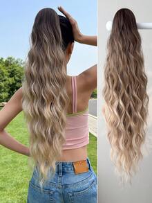 26英寸红色渐变波浪卷合成纤维马尾假发，带爪形发夹，适合女性圣诞节、万圣节派对和日常佩戴。 - 鏽棕色 - 查看 1