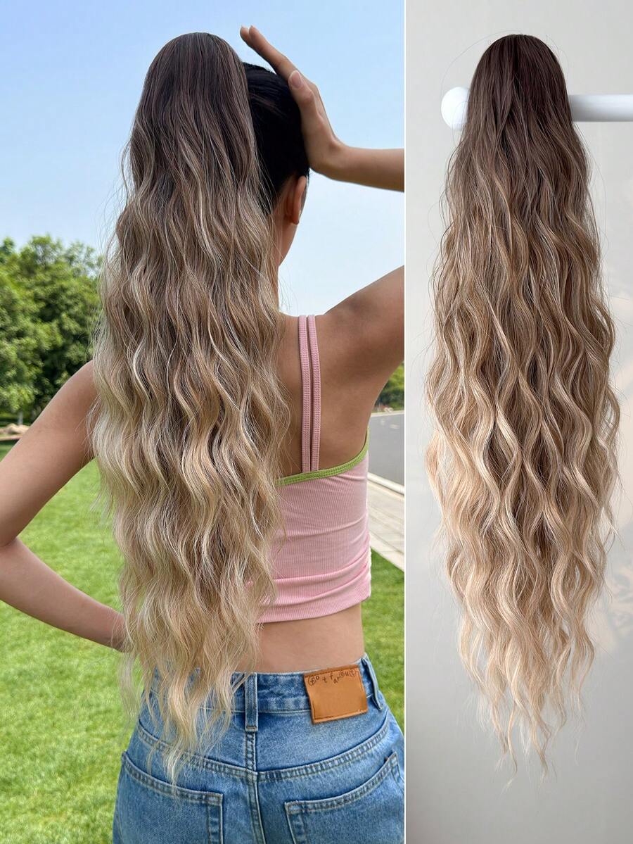 26英寸红色渐变波浪卷合成纤维马尾假发，带爪形发夹，适合女性圣诞节、万圣节派对和日常佩戴。 - 鏽棕色 - 查看 1