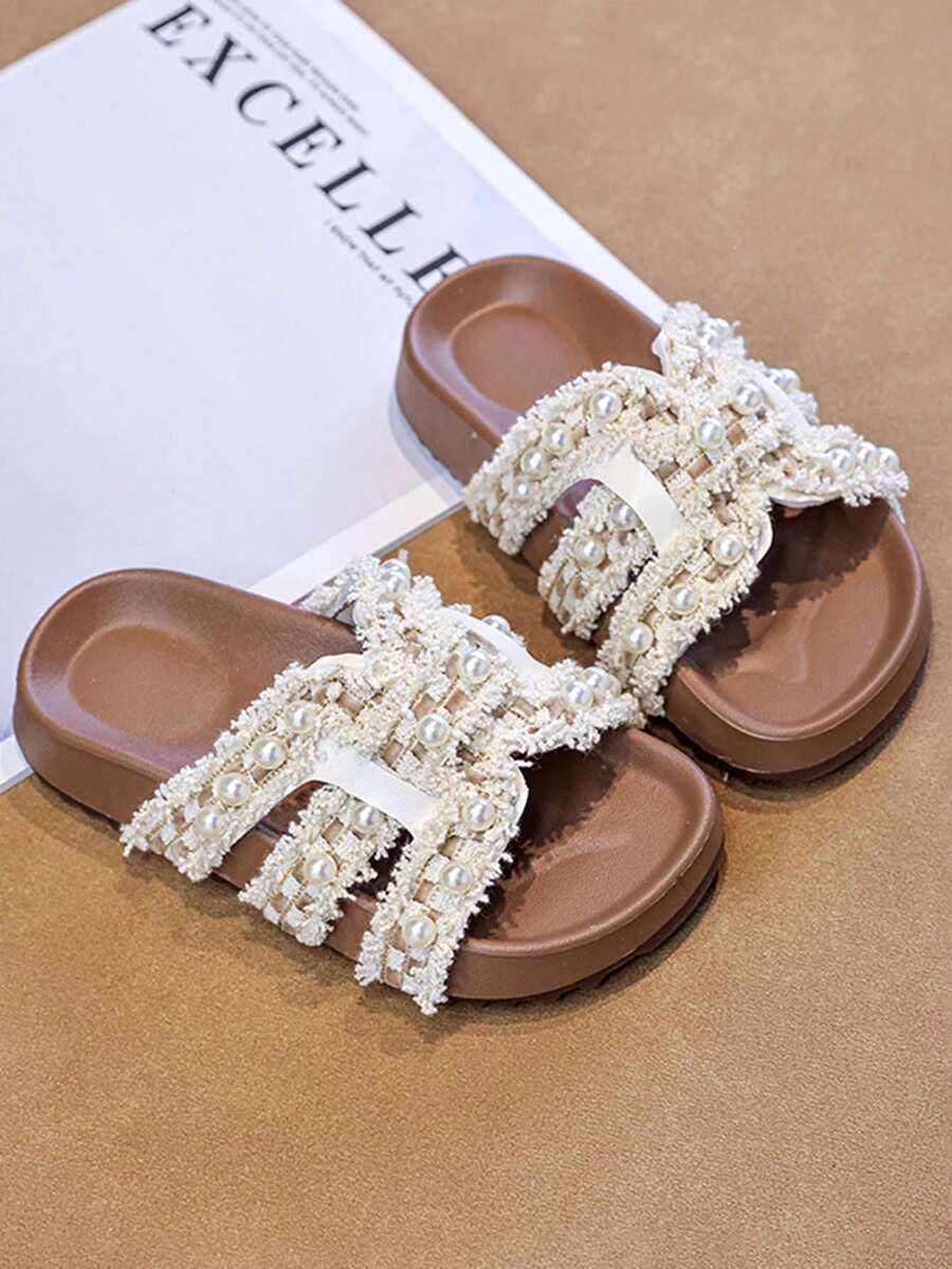 1 Pair Girls Pearl Decor Sandals, Children's Soft Bottom Non-Slip Slippers, Toddler Summer Fashionable Slides - Beige - View 1