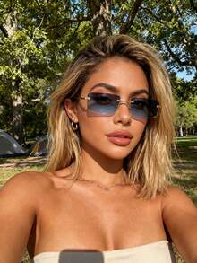 1 Pair Women's Square Metal Stylish Glasses, Suitable For Summer Vacation, Outdoor Music Parties, Beach Trips, Outdoor Activities And Travel - 1pc Gold Frame Gray Blue - View 2