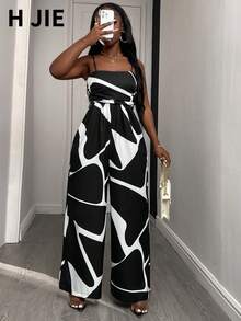 Bộ jumpsuit hai dây không tay xếp ly dành cho nữ, màu đen trắng, họa tiết trừu tượng, chất liệu vải dệt, kiểu dáng thanh lịch. - Đen và trắng - Xem 4