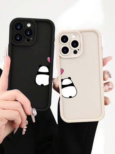 Couple/Best Friend Fashionable Personalized Creative Cartoon Panda Silhouette Pattern Black Phone Case, Luxury Shock-Proof High-Quality Soft Silicone Protective Cover, Macaron Color, Suitable For IPhone17/16/16Pro/16 Plus/16Pro Max, 15, 14, 13, 12, 11 Plus/Pro Max Full Series, Easter/Valentine's Day/New Year Decorative Gift, Suitable For Girlfriend/Boyfriend/Friend/Yourself