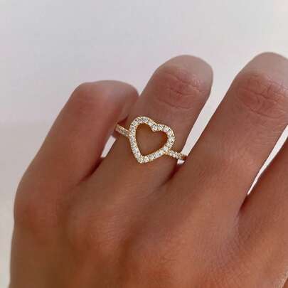 1pc 925 Sterling Silver Hollow Heart Zirconia Ring, Exquisite Jewelry Gift For Women, Party/Birthday/Daily Wear