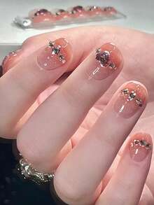 24 piezas de uñas postizas cuadradas/francesas con borde degradado, decoradas con cristales de corazón arcoíris, adecuadas para uso diario, fiestas y uso casual - Multicolor - Ver 2