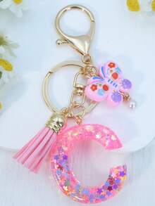 1pc Resin Letter Keychain With Butterfly & Pearl Decor, Minimalist Bag Charm, Holiday Gift For Women A-Z - Baby Pink - View 14