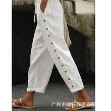 Women's Casual Button-Front Patchwork Cropped Trousers, Spring-Summer - White - View 11