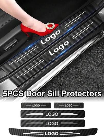 5PCS Car Door Sill Protectors & Trunk Bumper Guards For Women, Carbon Fiber Door Entry Protection Stickers With Customizable Car Logos, Anti-Scratch Edge Guards For Threshold/Trunk, Universal Fit For Most Car Models, Waterproof Durable Car Exterior Accessories With Multiple Logo Options, Scuff-Resistant Door Sill Decals For Car Decoration