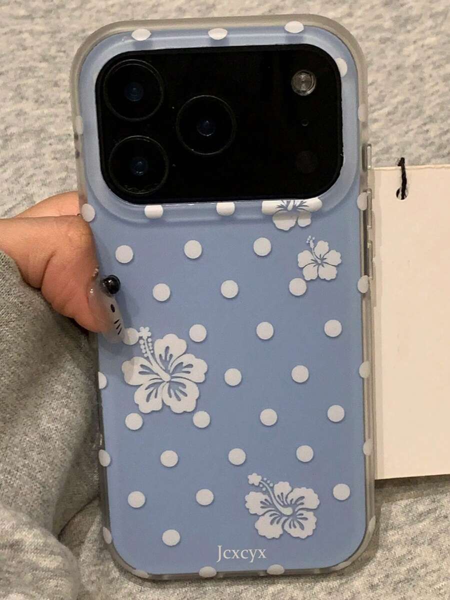 可爱蓝色波点花朵果冻手机壳，兼容 17 Pro Max、17 Pro、17、16 Pro Max、16 Pro、16、15 Pro Max、15 Pro、15、14 Pro Max、14 Pro、14、13 Pro Max、13 Pro、13、12 Pro Max、12 Pro、11，创意时尚美学，柔软光滑果冻材质，防震保护套 - 藍色波點花朵 - 查看 1