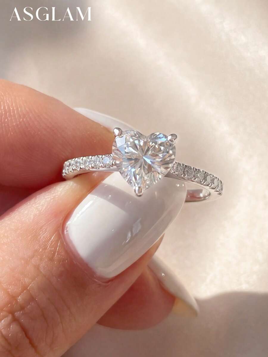 1枚优雅时尚的铂金镀层白锆石925纯银心形戒指，奢华珠宝礼物，适合女性周年纪念/生日 - 銀色 - 查看 1