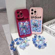 Disney Lilo & Stitch Phone Case With Beaded Chain, Cute Stitch Holding Ice Cream & Balloons Cartoon Print, "Lilo & Stitch" Text, Shockproof Soft Silicone Case With Stitch Plush Doll Wrist Strap, Disney Lilo & Stitch Phone Cover For IPhone 17, 16, 15, 14, 13, 12, And 11 Pro,Galaxy S22 ,S23,S24,S25 Models. Made Of Durable TPU With Shockproof Protection. A Fun Gift For Family, Friends, Birthdays, Holidays, And Special Occasions. - 黑色 - 查看 4