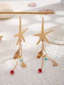 1 Pair Bohemian Style Sea Element Metal Starfish Shell Pendant Earrings With Asymmetrical Crystal Beaded Tassel, Women Casual And Vacation Decorative Charm Jewelry (Crystal Color And Shape Size May Vary) - 彩色 - 查看 2
