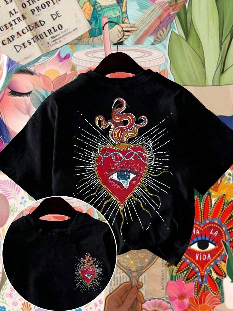 Camiseta de mujer, camiseta de manga corta con gráfico de estilo casual de calle, top de verano lindo - Negro - Ver 1