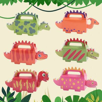 6个彩色卡通恐龙糖果盒，恐龙主题生日派对装饰，可爱丛林恐龙图案礼盒，礼品包装盒，一周岁生日派对用品，儿童恐龙派对礼品盒，适用于生日、婴儿派对、性别揭晓派对，糖果袋，恐龙主题派对装饰