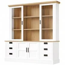 Armario alto de cocina con 6 cajones grandes, puertas de cristal, dispositivo antivuelco y raíles metálicos, 140x185 cm, mueble de almacenamiento para cocina y comedor. - Blanco - Ver 6