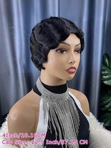 Chic Finger Wave Pixie Cut Wig With Bangs For Women - 180% Density 4inch Brazilian Remy Human Hair, Ocean Wave Style, Short Mommy Hair, Perfect For Daily Wear And Parties - Natural Black - View 10