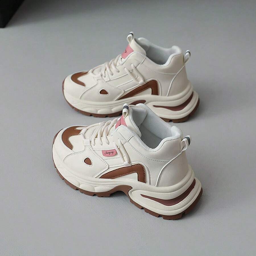 2026 Nouvelles Baskets Épais pour Femmes, Chaussures décontracté à Plateforme Respirante et Patchwork pour l'Automne - Beige - Voir 1