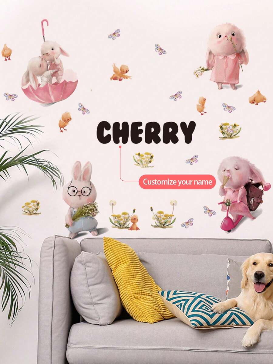 3 Styles Available, Customizable Cute Panda & Rabbit Name Wall Sticker, Removable Wallpaper, Suitable For Children's Bedroom, Living Room Decor, Room Decoration, Sticker, Home Decor, Kitchen Decor, Wall Decor, Bathroom Decor, Decorations, Bedroom Decor, House Decor, Residential Decor, Peel And Stick Wallpaper, Removable Wall Paper, Living Room Wall Art, Living Room Decor - Multicolor - View 1