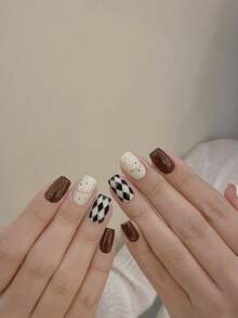 24pcs Square/Retro Mayer Checkerboard Pattern Nail Stickers, 24pcs Set Suitable For Daily Commute, Party And Casual Outfits - MultiWarna - View 2