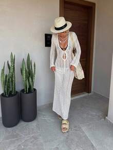 2026 New Arrival Women's White Deep V-Neck Tie-Waist Knit Maxi Dress, Flare Sleeve Design, Floor-Length Hem, Beach Resort Spring/Summer Style Vacation - White - View 4