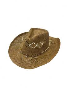 1 pieza Sombrero de paja de ala ancha vintage hueco y rizado, adecuado para primavera/verano, viajes al aire libre, vacaciones, playa, sombrero de vaquero de paja occidental tejido a mano y transpirable para hombres y mujeres, vacaciones, festivales - MZ3082+ML39 - Ver 22