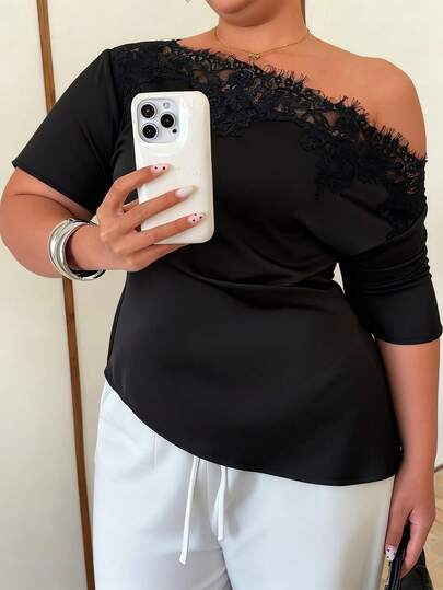 Plus Size Women's Solid Woven Fabric Lace Patchwork Asymmetrical Shoulder Short Sleeve Top Black Summer