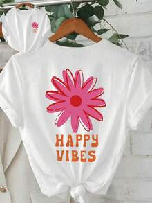 快乐氛围花卉印花宽松T恤 | 女士休闲白色图案T恤 - 白色 - 查看 7