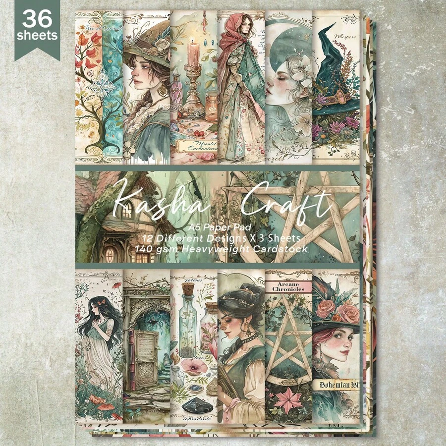 36张A5尺寸（梦幻童话城市与幽灵背景）剪贴簿纸，适用于子弹笔记、拼贴画、卡片、相册和手工制作。 - 長方形 - 查看 1