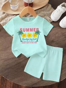 2pcs/Set Young Girl's Casual Cartoon Print Short Sleeve T-Shirt And Minimalist Print Shorts Set, Suitable For Summer Outings - Green - View 3