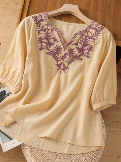 BaoLianDuo Elegante blusa de mujer con cuello split bordado, de manga corta, holgada y cómoda, perfecta para atuendos diarios, vacaciones y reuniones familiares