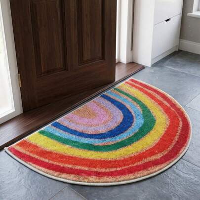 1pc Rainbow Half-Circle Entrance Mat, Whimsical Courtyard Doormat, Woven With Vibrant Rainbow Colors On A Faux Coir Textured Base, Cheerful And Healing Vibe, Multiple Sizes Available - Doormat, Small Rug, Welcome Mat, Carpet, Mat, Outdoor Doormat, Kitchen Rug, Home Decor, Front Door Mat, Area Small Rug, Outdoor Mat, Home Decor, Area Rug, Garden Carpet, Washable Rug