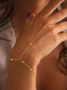 1pc Minimalist Fashion Metal Beads Chain Link Finger Ring Bracelet (Handmade Chain Cut To Appropriate Size, Random Bead Quantity) - Gold 3 - View 13