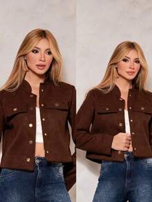 Women's Short Wool Jacket With Buttons. Autumn/Winter. - 鏽棕色 - 查看 2