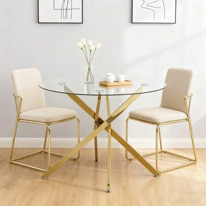 Round Dining Table With Tempered Glass Top And Gold Legs, Coffee Table, Modern And Minimalist Dining Table, 80 * 80 * 76 Cm