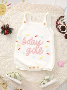 Baby Girls' Sweet Cute "BDAY GIFT" Letter Embroidery Knit Camisole Romper, Summer - White - View 1