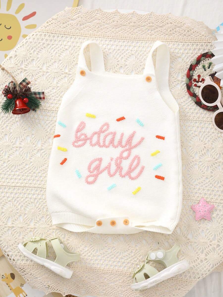 Baby Girls' Sweet Cute "BDAY GIFT" Letter Embroidery Knit Camisole Romper, Summer - White - View 1