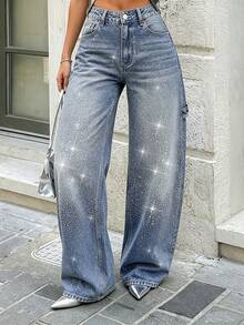 Damjeans med hög midja, vida ben och gradientblå strass, trendiga streetstyle-jeans - Mörktvätt - Visa 4