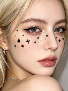 1pc Y2K Baddie Black Four-Pointed Star Face Rhinestone Sticker, Music Festival Stage Makeup Eye Corner Sticker, Punk Style Cosplay Makeup Decor Waterproof Sticker,Concert Look,Face Gems - Multicolor - View 3